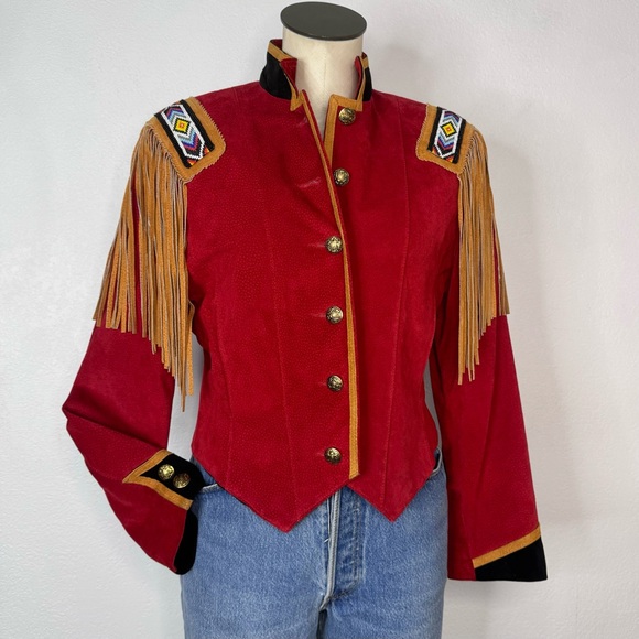 Vintage Jackets & Blazers - Vintage 90s Fringe Rodeo Jacket Pig Suede Red Western Cowgirl Size Small